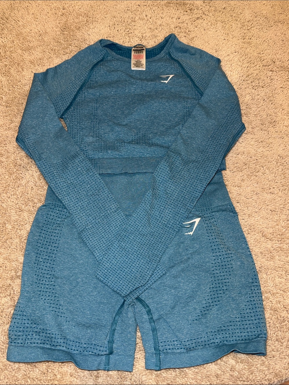 Gymshark Teal Seamless Long Sleeve Crop Top and High-Waist Shorts Set